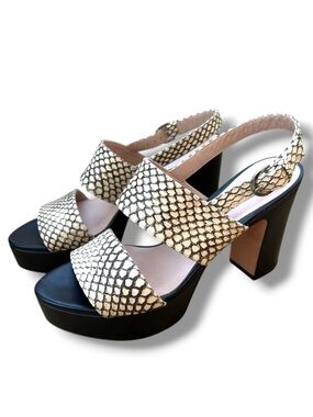 Stuart Weitzman Jerry Cream Black Snake Print Slingback Platform Sandals 8